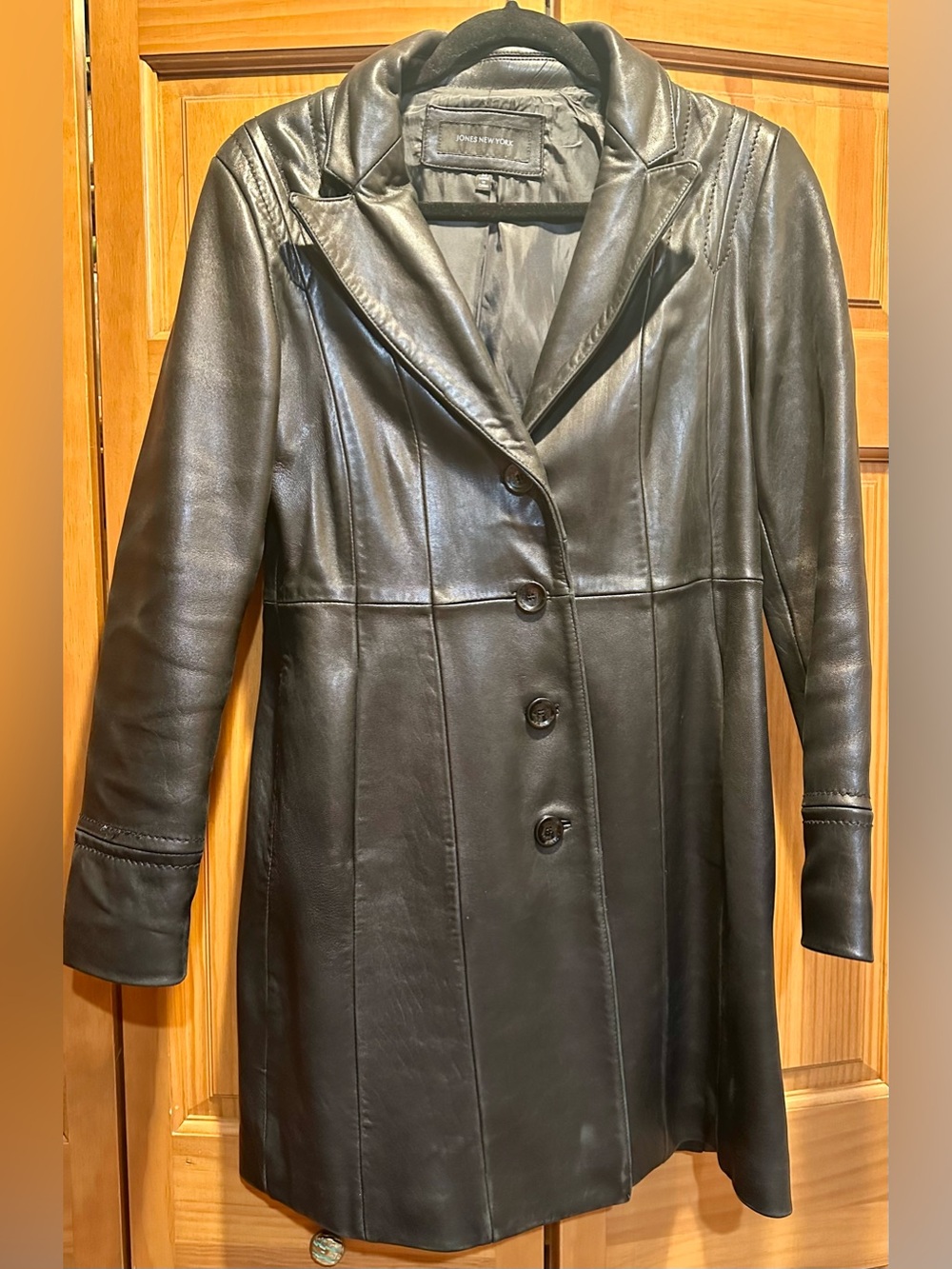 Jones New York Black Leather Button-Front Coat